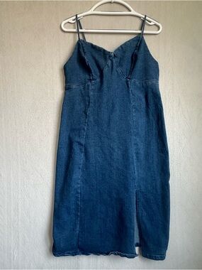 Denim Obsessed Milkmaid Denim Slip Midi Dress Dark Blue Sz M Stretch Summer Boho
